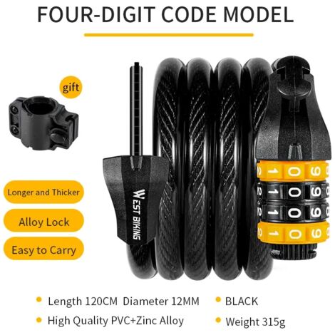Antivol à câble WEST BIKING pour VTT, vélo de route, scooter, moto et autres vélos. Accessoires de sécurité pour vélos et scooters.-AquaForge (1/5)