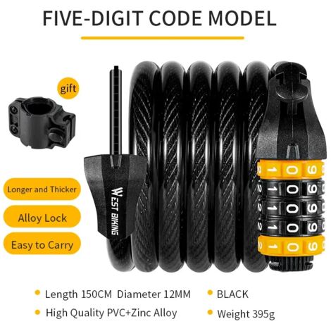 Antivol à câble WEST BIKING pour VTT, vélo de route, scooter, moto et autres vélos. Accessoires de sécurité pour vélos et scooters.-AquaForge (1/5)