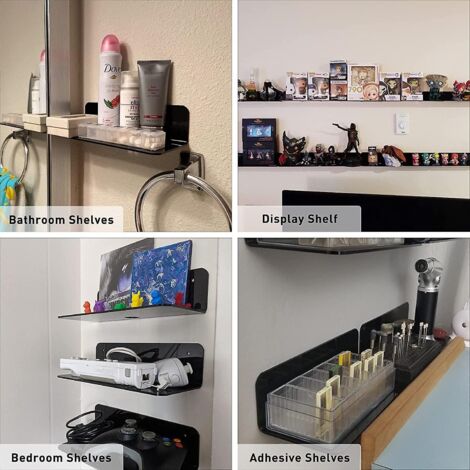 Ensemble de 2 étagères murales flottantes en acrylique, gain de place sans abîmer vos murs, petite étagère d'exposition pour enceintes connectées/figurines avec clips de câble-AquaForge (1/3)