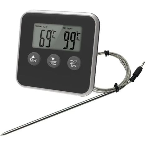 Thermomètre de cuisine électronique numérique LCD avec sonde, alarme et minuteur, pour barbecue et viandes. Noir.-AquaForge (1/5)