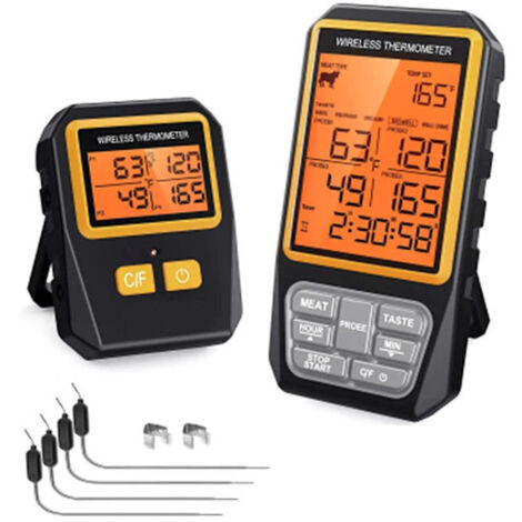 Thermomètre à viande sans fil de 100 m (328 pi) pour barbecue, fumoir et four. Thermomètre de cuisine numérique avec 4 sondes, minuterie et alarme.-AquaForge (1/5)