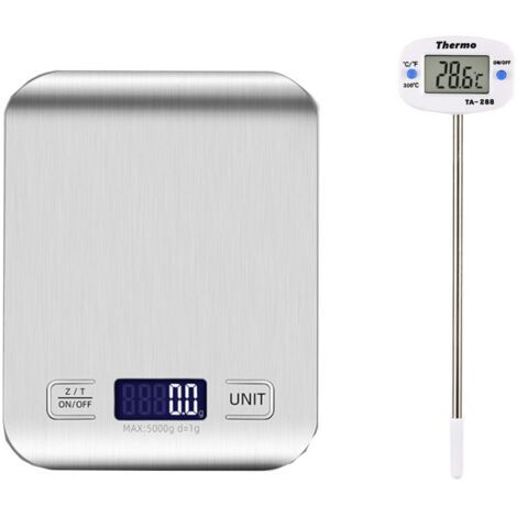 Balance de cuisine monobloc à piles en acier inoxydable avec boîtier blanc, précision 5 kg/1 g + thermomètre alimentaire électronique monobloc, balance de cuisine 10 kg avec écran LCD-AquaForge (1/5)