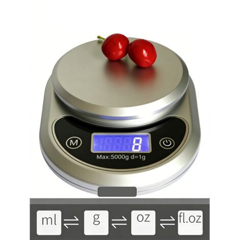 Balance de cuisine numérique de précision 5 kg avec tare et écran LCD rétroéclairé. Conversion d'unités : g, lb, oz, oz, ml - Argent-AquaForge (1/5)
