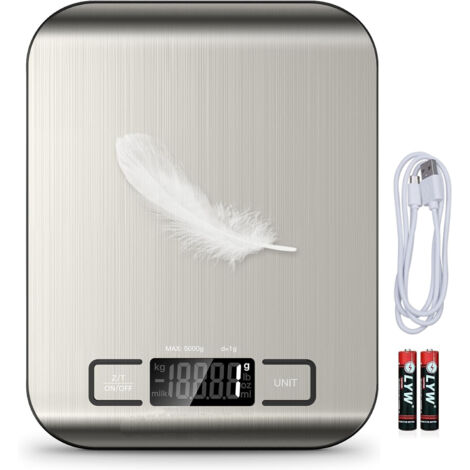 Balance de cuisine de précision 1 g à 5 kg avec fonction tare, 6 unités, rechargeable par USB, couleur argent-AquaForge (1/5)