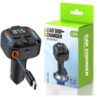 Émetteur FM double USB-C et chargeur de voiture rapide – Bluetooth 5.3, PD 30 W + QC 3.0, éclairage RGB et câble intégré. - AquaForge