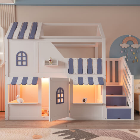 Kinder-Etagenbett, 90 x 200 cm, Hausförmiges Design Mit Fenstern, Dach, Dachüberstand, Geländer und Tür, Mit Stauraumleiter, LED-Beleuchtung und Regalen, Hochbett, Weiß + Blau