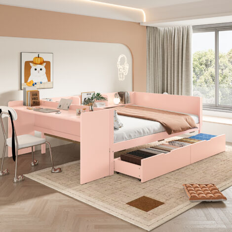 Flachbett, Holzbett, 140x200cm, mit Schreibtisch, ausgestattet mit 2 Schubladen, Doppelbett(Ohne Matratze), mit Regalen, Kiefer + Spanplatte, Rosa (1/5)