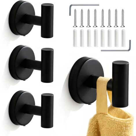 Set di quattro ganci da parete neri a vite, comprendente un appendiabiti da bagno, un portasciugamani da bagno, un gancio da cucina e una molletta, ideali per l'uso domestico. (1/5)