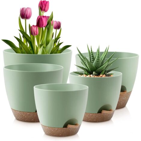 Vasi da fiori autodrenanti da 10/9/8/7,5/7 pollici, set di 5 vasi da fiori in plastica con fori di drenaggio e sottovasi, vasi da fiori in plastica, vasi per piantine da interno ed esterno (verdi)