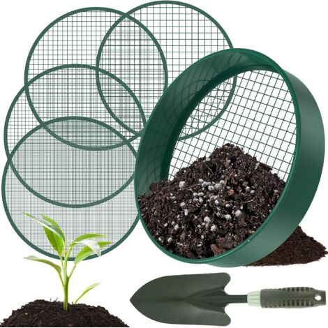 Setaccio da giardino rotondo 4 in 1 - 30 cm - Acciaio inossidabile - Include 4 setacci intercambiabili e una paletta da giardino - Setaccio monouso adatto per terra, compost, semi e sabbia.