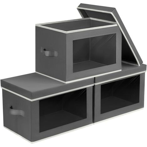 Scatole portaoggetti con coperchio - Scatole portaoggetti in tessuto con coperchio, pieghevoli con finestra, decorative per riporre vestiti, asciugamani, libri, set da 3, grigio scuro. (1/5)