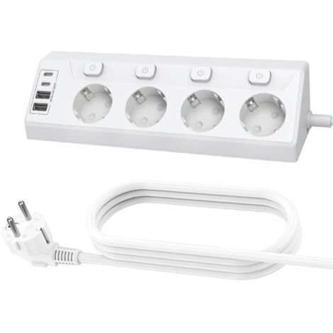 Multipresa angolare con quattro prese, due porte USB-A e due porte USB-C, 4000 watt, cavo da 1,5 metri, interruttore individuale, colore bianco, ideale per uffici e cucine.