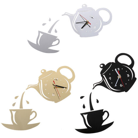 Set di 3 orologi da parete decorativi 3D in acrilico fai-da-te (tazza da caffè, teiera, ecc.) per la cucina. (1/5)