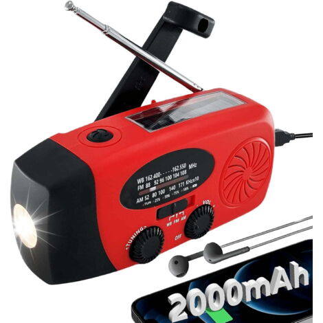 Radio di emergenza a manovella da 2000 mWh con 3 torce a LED, radio solare, radio AM/FM/NOAA, ricaricabile tramite USB Type-C e batteria esterna da 2000 mAh per smartphone (rossa). (1/5)