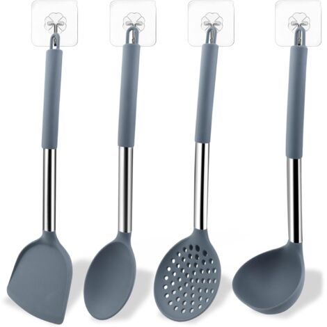 Un set di 4 utensili da cucina in silicone per mescolare e servire il cibo (cucchiaio, colino, spatola cinese, cucchiaio largo). (1/5)