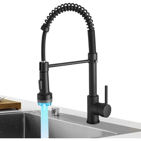 Miscelatore da cucina professionale nero opaco con LED e doccetta estraibile a molla, per lavello da cucina.