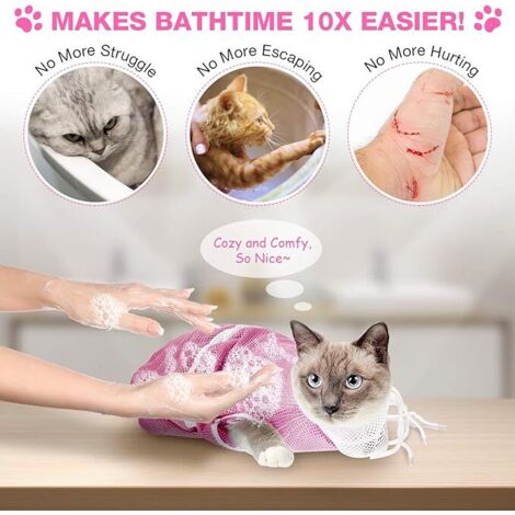 Borsa doccia a rete per gatti, borsa da lavaggio regolabile per toelettatura e bagno, accessorio multifunzionale per il contenimento dei gatti, tagliaunghie, pulitore per le orecchie, calmante (bianco