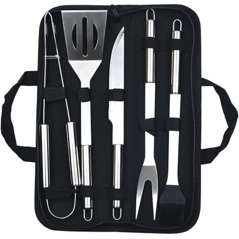Set di accessori per barbecue da esterno, comprensivo di forchette, spatole, pinze, spazzole, manici tubolari piccoli e borsa porta attrezzi, 5 pezzi, in acciaio inossidabile.