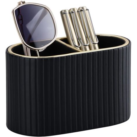 Portapenne da scrivania in pelle – Elegante portapenne a doppio scomparto, porta telecomandi, organizer per articoli e accessori da ufficio, ideale per ufficio, casa e scuola (nero) (1/5)