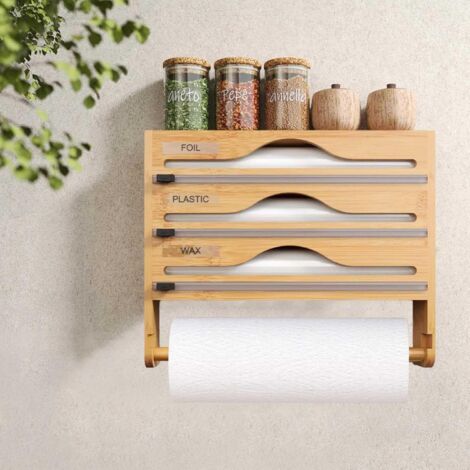 Dispenser per pellicola trasparente, dispenser per pellicola trasparente con taglierina e portarotolo di carta assorbente, dispenser per fogli di alluminio e pellicola trasparente, organizer da cucina
