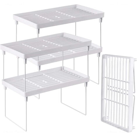Quattro ripiani impilabili in plastica per la cucina, organizer e ripiani bianchi per i pensili della cucina, ripiani impilabili ed estensibili per riporre oggetti sul piano di lavoro. (1/4)