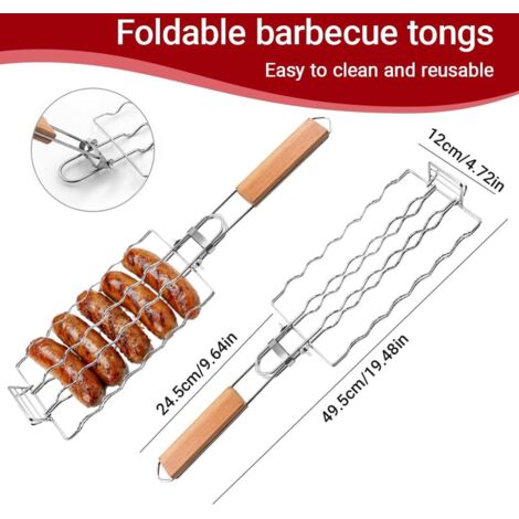 Griglia per salsicce pieghevole in due parti, pinze per barbecue pieghevoli portatili, accessori per barbecue, griglia per salsicce