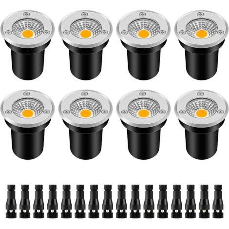 Foco LED empotrable de bajo voltaje para jardín, 3W 12V-24V, resistente al agua IP67, apto para suelo, entrada de vehículos, terraza, escaleras, jardín (paquete de 8, luz blanca cálida). (1/5)