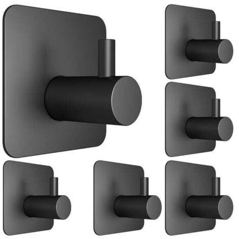 Juego de 6 ganchos adhesivos de pared (negros): Adecuados para el baño (toallas) y la cocina (ropa).