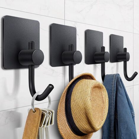 Ganchos adhesivos de pared de gran potencia, fabricados en acero inoxidable resistente a las perforaciones, con cuatro puntos de fijación, robustos y que no dejan residuos (color: negro). (1/3)