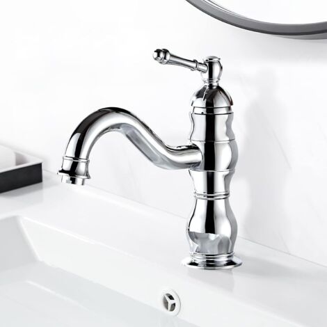 Grifo de lavabo cromado de estilo retro, grifo de baño giratorio de 360°, que proporciona agua fría y caliente. (1/5)