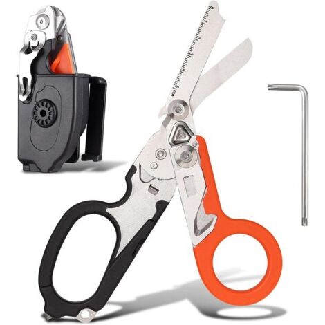 Tijeras multifuncionales 6 en 1 para traumatismos - Tijeras de supervivencia - Tijeras para traumatismos - Cortador de cinturones de seguridad - Tijeras plegables con funda - Herramientas de corte - N (1/5)
