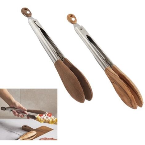 Pinzas de cocina de madera - Juego de 2 - 30 cm - Para colgar - Resistentes al calor, antibacterianas, fáciles de limpiar - Ideales para cocinar, asar a la parrilla y servir alimentos - Madera de oliv (1/5)