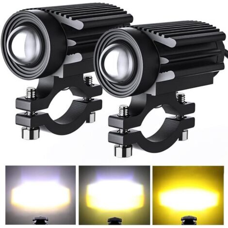 Dos faros antiniebla LED de 60 W y 6000 lm, luces auxiliares bicolor ámbar/blanco amarillento 6000 K/3000 K, aptas para motocicletas, camiones, SUV, quads, bicicletas eléctricas y tractores.