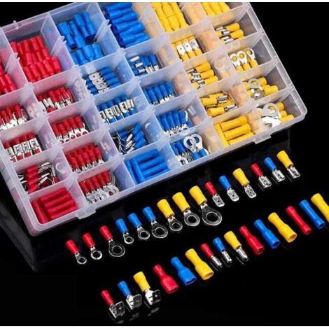 480 piezas, 30 tipos de terminales eléctricos de crimpado, conectores con tomas aisladas, terminales planos de anillo, terminales de horquilla y kits, con caja de almacenamiento. (1/4)