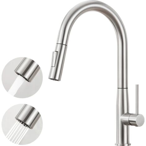 Grifo de cocina extraíble, de acero inoxidable de alta presión, con rotación de 360°, mezclador con 2 modos de pulverización y acabado cepillado. (1/2)
