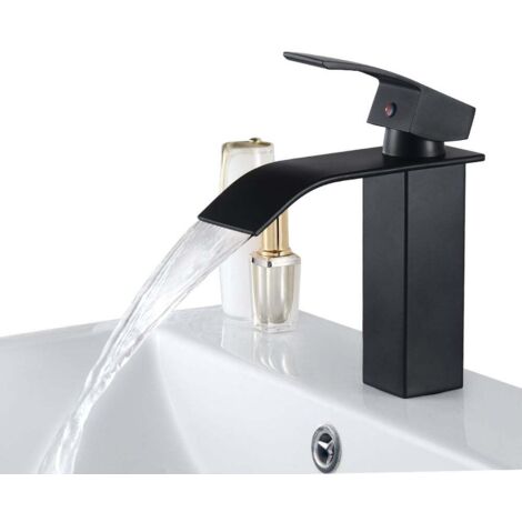 Grifo de lavabo tipo cascada negro, de latón, apto para baños modernos, modelo europeo. (1/5)