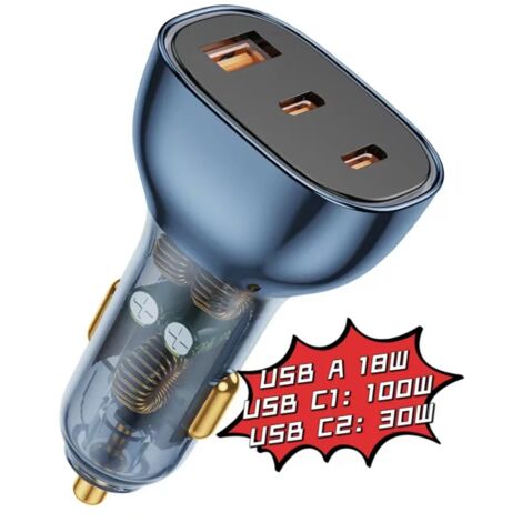 Cargador de coche ultrarrápido de 3 puertos y 130 W con carga rápida QC 3.0 y USB Tipo-C para iPhone - Gris (1/5)