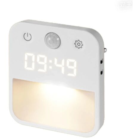 Luz nocturna LED enchufable, con detector de movimiento y reloj, 3 temperaturas de color, intensidad regulable, adecuada para escaleras, dormitorios y pasillos.