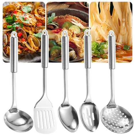 Juego de 5 utensilios de cocina de acero inoxidable, que incluye cucharas y espátulas antiadherentes resistentes al calor. (1/4)