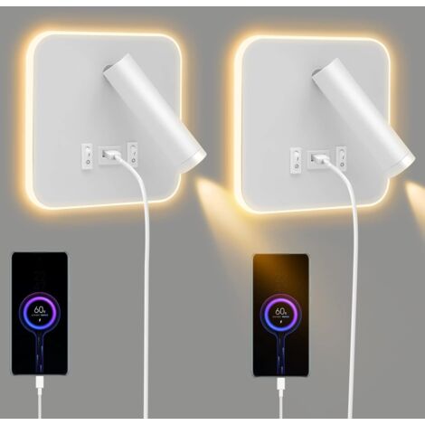 Un conjunto de 2 apliques LED de pared para interiores, que incluye una lámpara de lectura con interruptor, una lámpara de mesilla giratoria de 360° y un foco regulable (blanco).