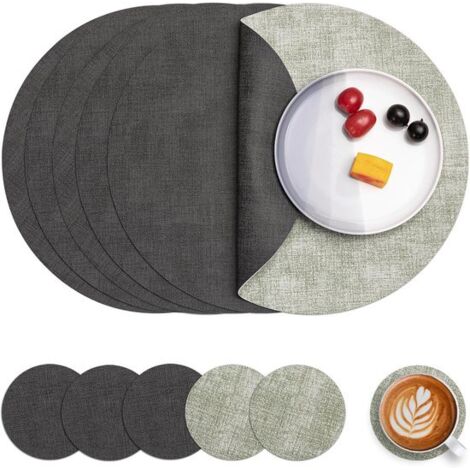 Manteles individuales redondos de piel impermeables - juego de 6 - verde grisáceo