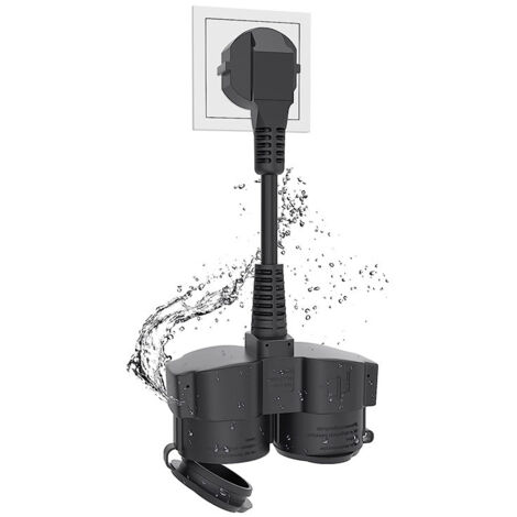 Cable alargador con dos enchufes, resistente al agua IP44, ideal para el hogar, la oficina, uso interior o exterior - Negro (1/5)