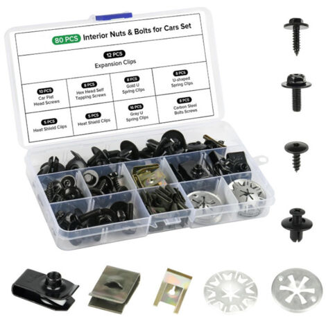 Juego de 80 piezas que incluye tornillos para el cuerpo, tuercas para chapa metálica, clips de fijación para tornillos y tuercas, y clips de montaje metálicos en forma de U. (1/4)