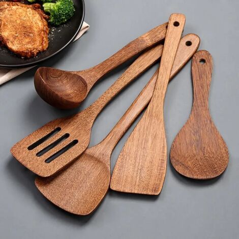 Juego de 5 cucharas de cocina de madera, de color marrón, resistentes a los arañazos y al calor. (1/5)
