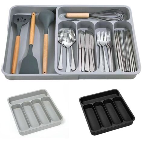 Bandeja extensible de plástico para utensilios, 6 compartimentos, gris antracita (1/5)