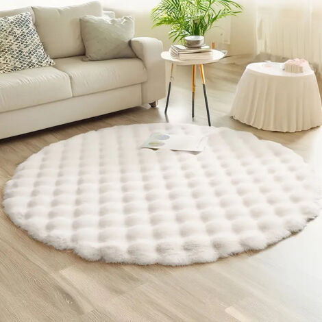 Alfombra redonda de felpa para sala de estar, gruesa para uso doméstico, sofá, dormitorio, alfombra de mesita de noche, 120 cm de diámetro (blanca). (1/4)