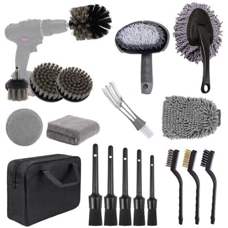 Kit de lavado de coches de 19 piezas: cepillo taladro, cepillo de cerdas suaves para detalles, guantes de lavado y herramientas de limpieza. (1/3)