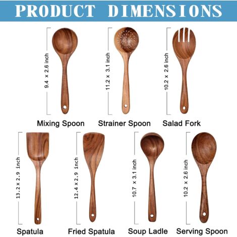 Este juego de utensilios de cocina de madera antiadherente de 7 piezas incluye utensilios de cocina de teca natural, como una espátula, una cuchara de madera para cocinar, una espátula para freír y un (1/5)