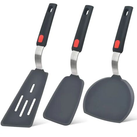 Juego de espátulas de silicona (3 piezas), resistentes al calor hasta 315 °C, compatibles con sartenes antiadherentes, libres de BPA, aptas para freír huevos, tortitas, pescado y hamburguesas.
