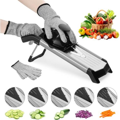 Mandolina ajustable 5 en 1, ideal para la cocina, cortadora de verduras de acero inoxidable, incluye guantes resistentes a los cortes, mandolina segura y duradera, adecuada para patatas, tomates, zana